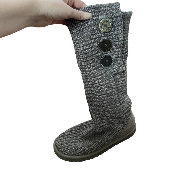 Ugg women's size 7 knit tall boots comfortable gray color tan leather - Picture 5 of 5